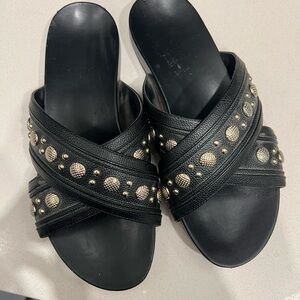 Rebeka minkoff black slides with gold embellishment